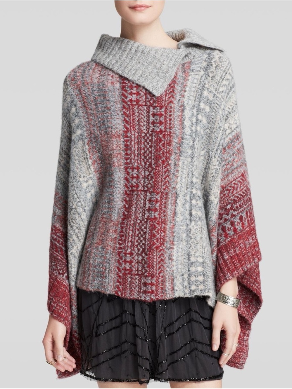 MFree People, Willow Poncho Sweater Pullover Cowl Neck Red Combo, Size Small